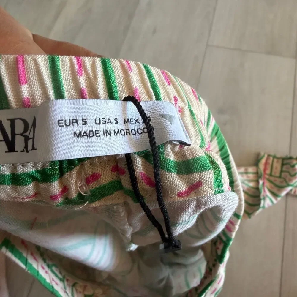 Zara Linen Blend Graffiti Print Pant Cream Green Pink Jogger Pajama Trouser siz
